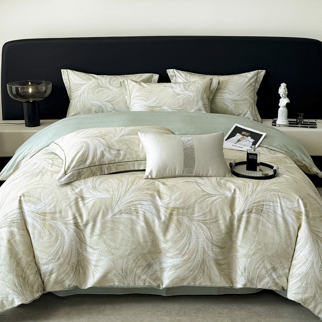 91家纺网 家纺一手货源 找家纺 梵克保罗 2025秋冬新款数码印花全棉磨毛单被套三件套四件套系列 麦穗-绿