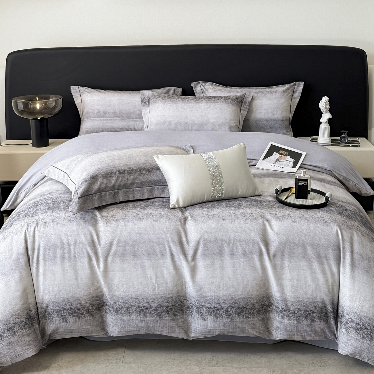 91家纺网 家纺一手货源 找家纺 梵克保罗 2025秋冬新款数码印花全棉磨毛单被套三件套四件套系列 苏菲庄园-灰