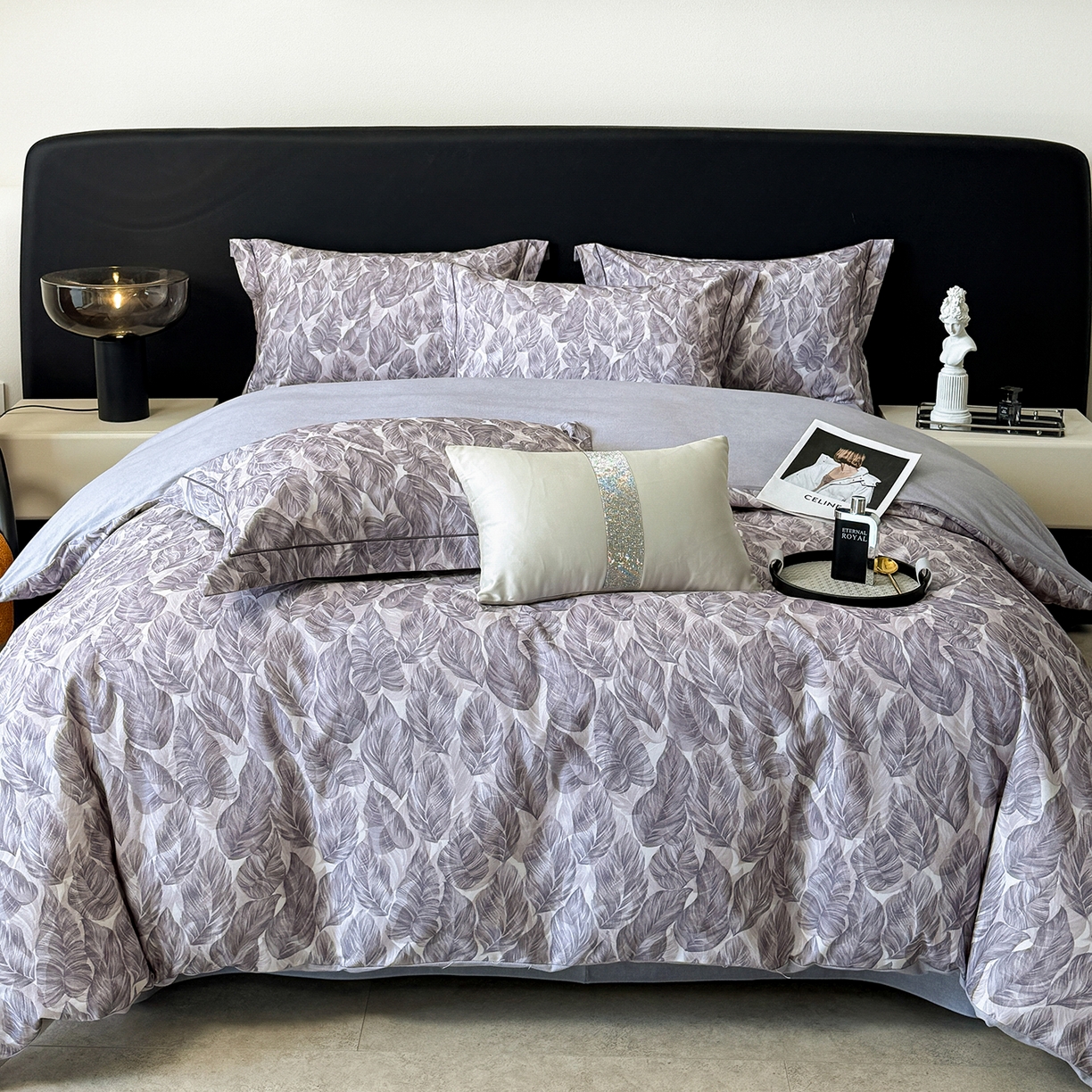 91家纺网 家纺一手货源 找家纺 梵克保罗 2025秋冬新款数码印花全棉磨毛单被套三件套四件套系列 如伊-灰