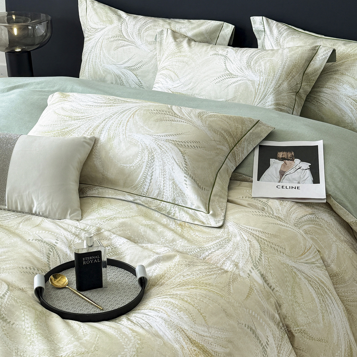 91家纺网 家纺一手货源 找家纺 梵克保罗 2025秋冬新款数码印花全棉磨毛单被套三件套四件套系列 麦穗-绿