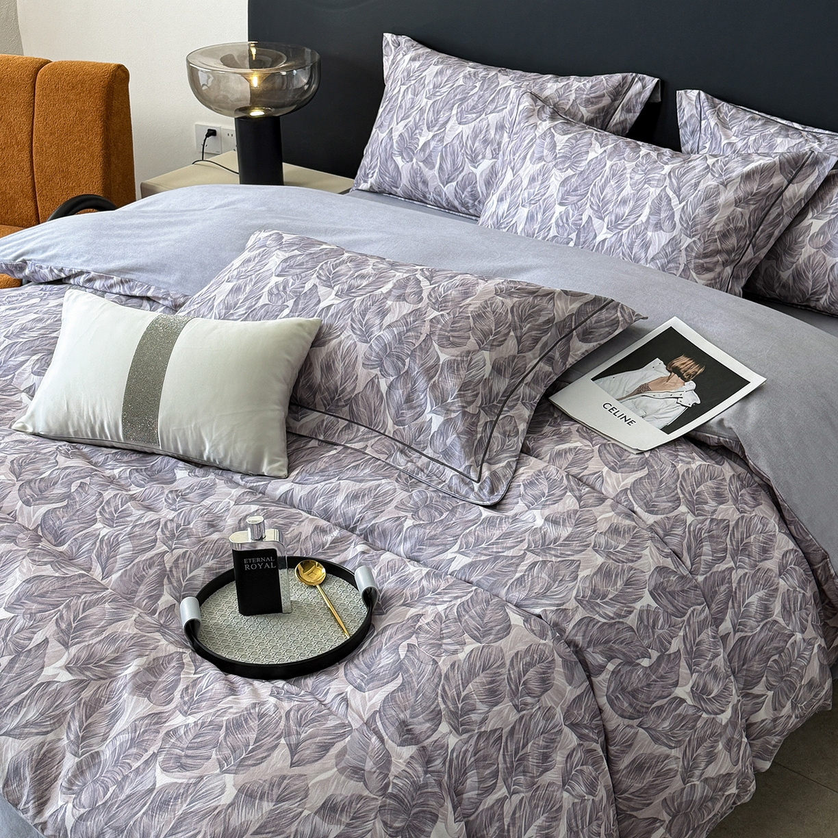 91家纺网 家纺一手货源 找家纺 梵克保罗 2025秋冬新款数码印花全棉磨毛单被套三件套四件套系列 如伊-灰