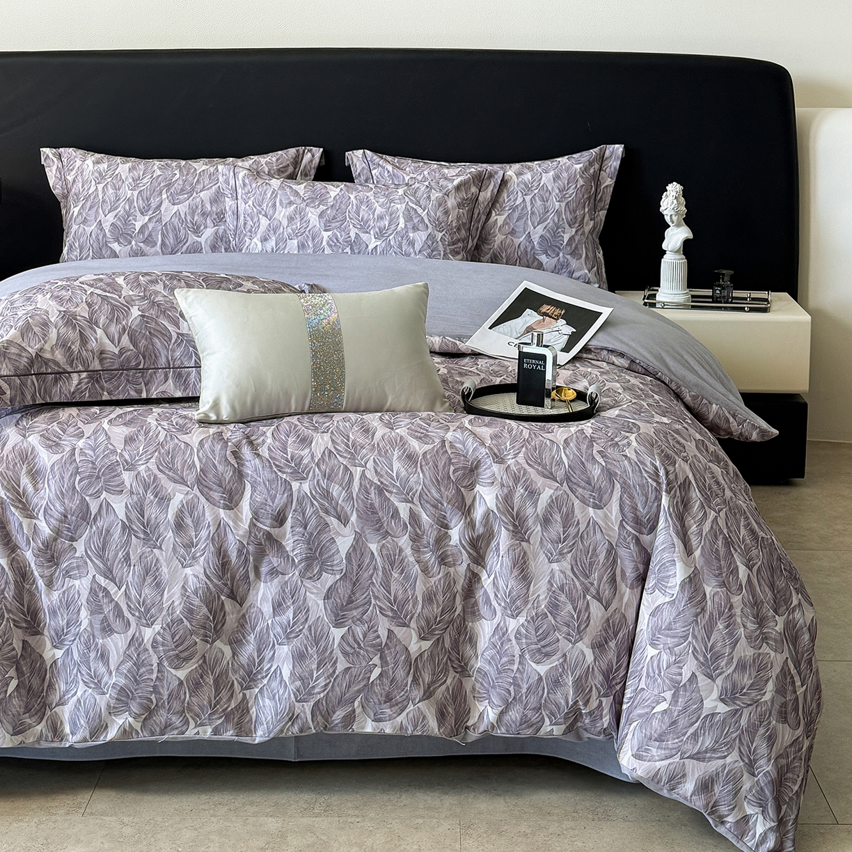 91家纺网 家纺一手货源 找家纺 梵克保罗 2025秋冬新款数码印花全棉磨毛单被套三件套四件套系列 如伊-灰