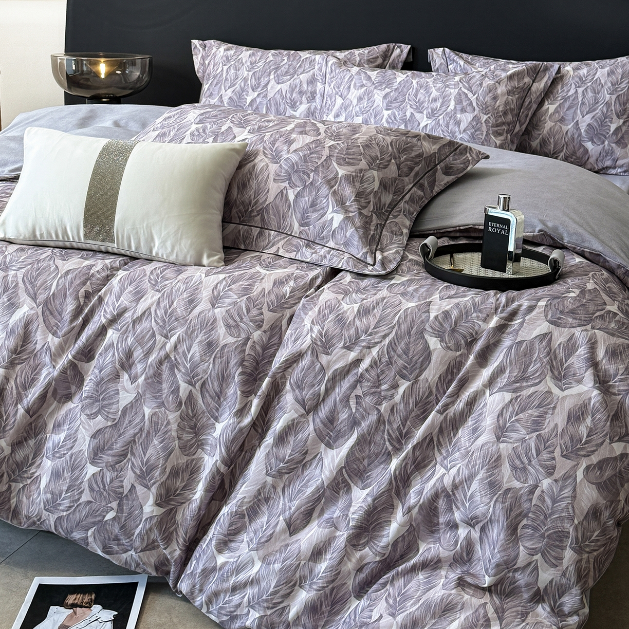 91家纺网 家纺一手货源 找家纺 梵克保罗 2025秋冬新款数码印花全棉磨毛单被套三件套四件套系列 如伊-灰