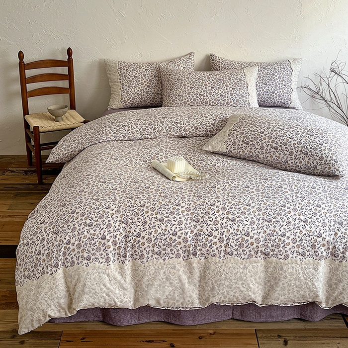 91家纺网 家纺一手货源 找家纺 梵克保罗 2025新款亚麻复古花边系列四件套 花予-紫