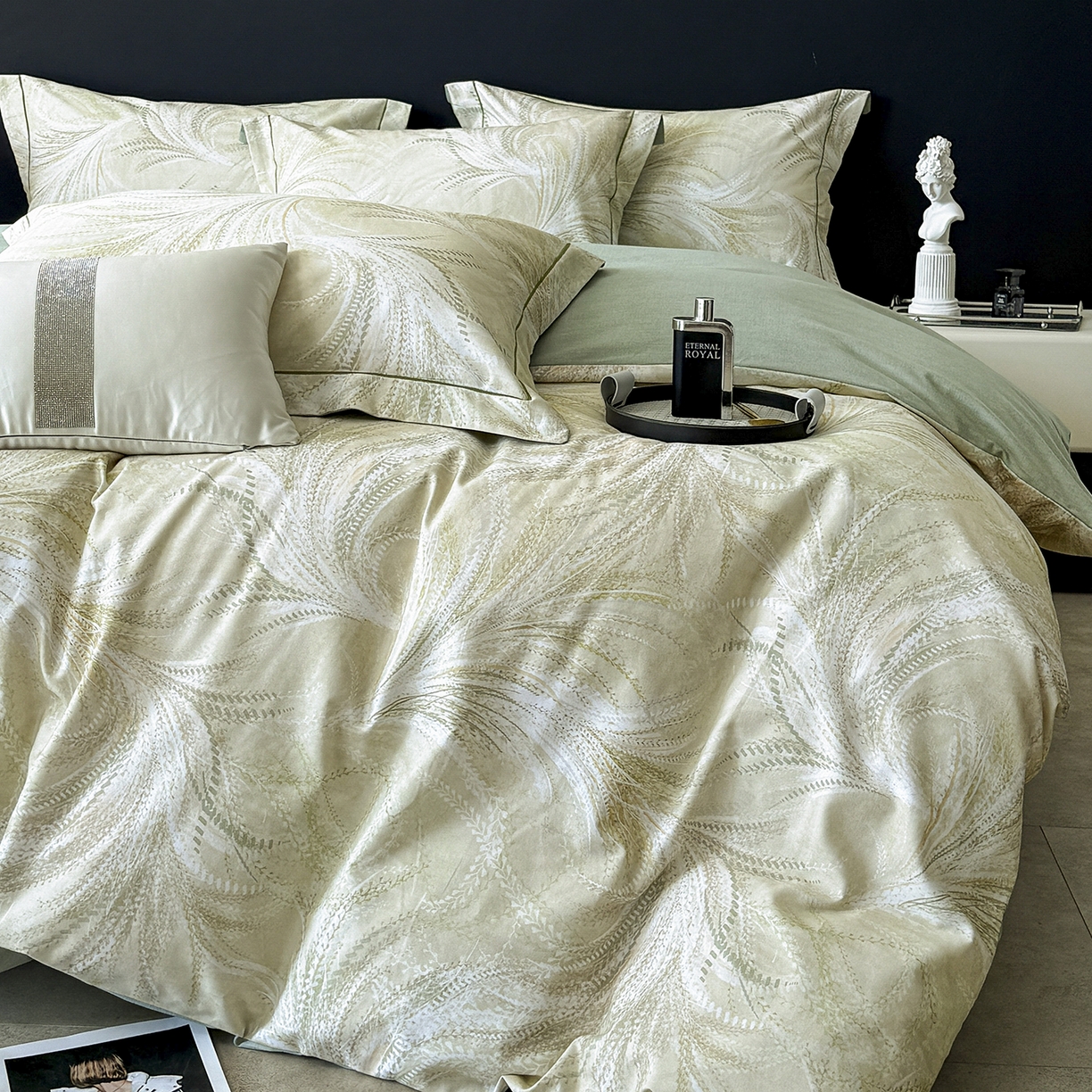 91家纺网 家纺一手货源 找家纺 梵克保罗 2025秋冬新款数码印花全棉磨毛单被套三件套四件套系列 麦穗-绿