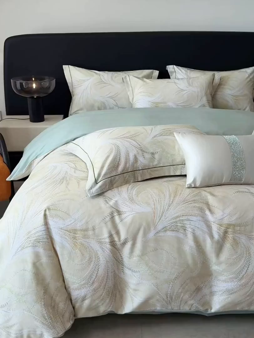 91家纺网 家纺一手货源 找家纺 梵克保罗 2025秋冬新款数码印花全棉磨毛单被套三件套四件套系列 麦穗-绿