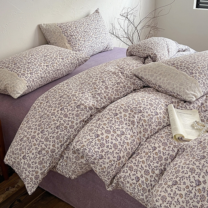 91家纺网 家纺一手货源 找家纺 梵克保罗 2025新款亚麻复古花边系列四件套 花予-紫