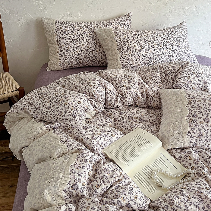 91家纺网 家纺一手货源 找家纺 梵克保罗 2025新款亚麻复古花边系列四件套 花予-紫