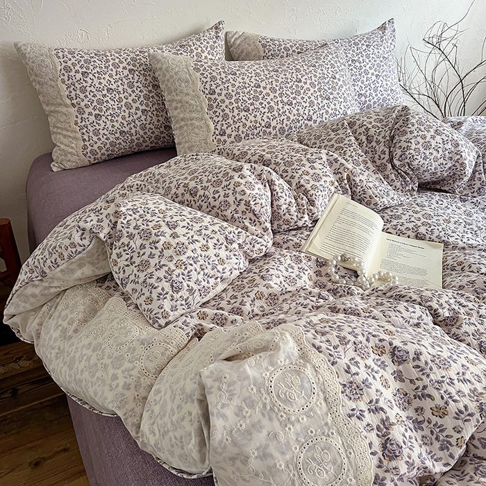 91家纺网 家纺一手货源 找家纺 梵克保罗 2025新款亚麻复古花边系列四件套 花予-紫