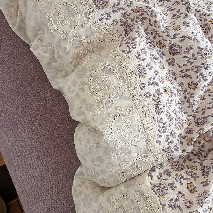 91家纺网 家纺一手货源 找家纺 梵克保罗 2025新款亚麻复古花边系列四件套 花予-紫