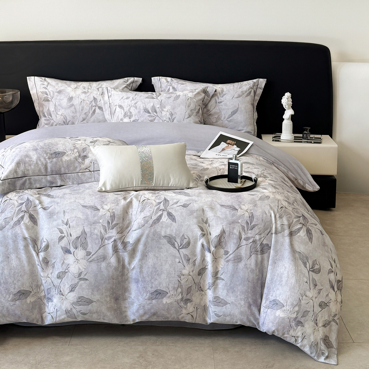 91家纺网 家纺一手货源 找家纺 梵克保罗 2025秋冬新款数码印花全棉磨毛单被套三件套四件套系列 琼枝-灰