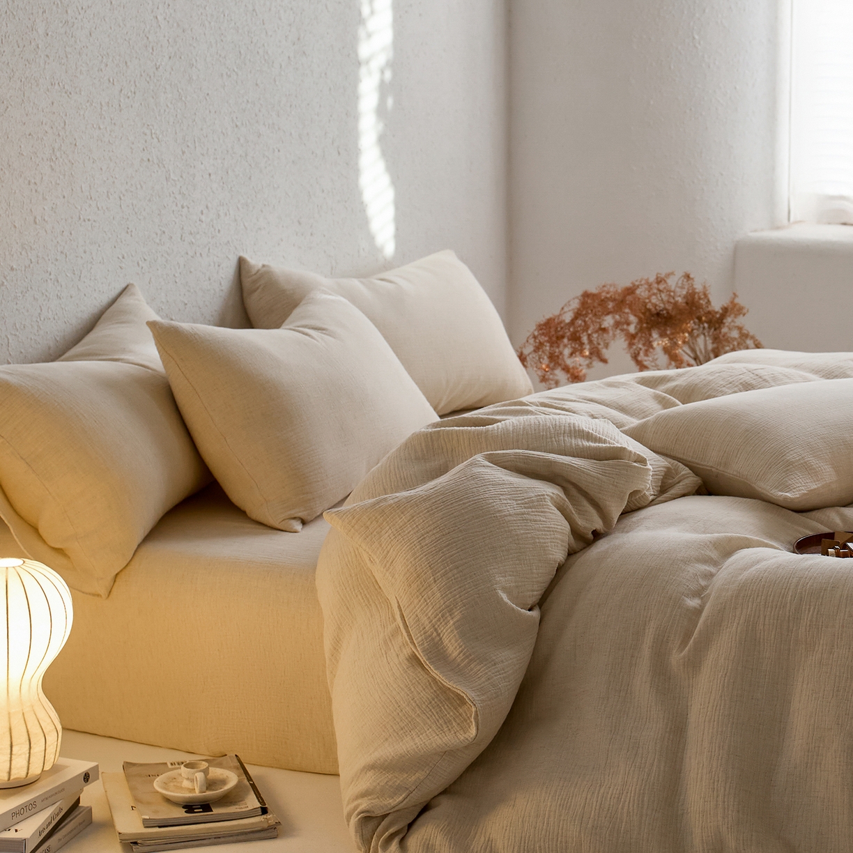 91家纺网 家纺一手货源 找家纺 梵克保罗 2025秋冬新品日系风素色全棉亚麻双层棉麻三件套四件套系列 咖啡知己（米）