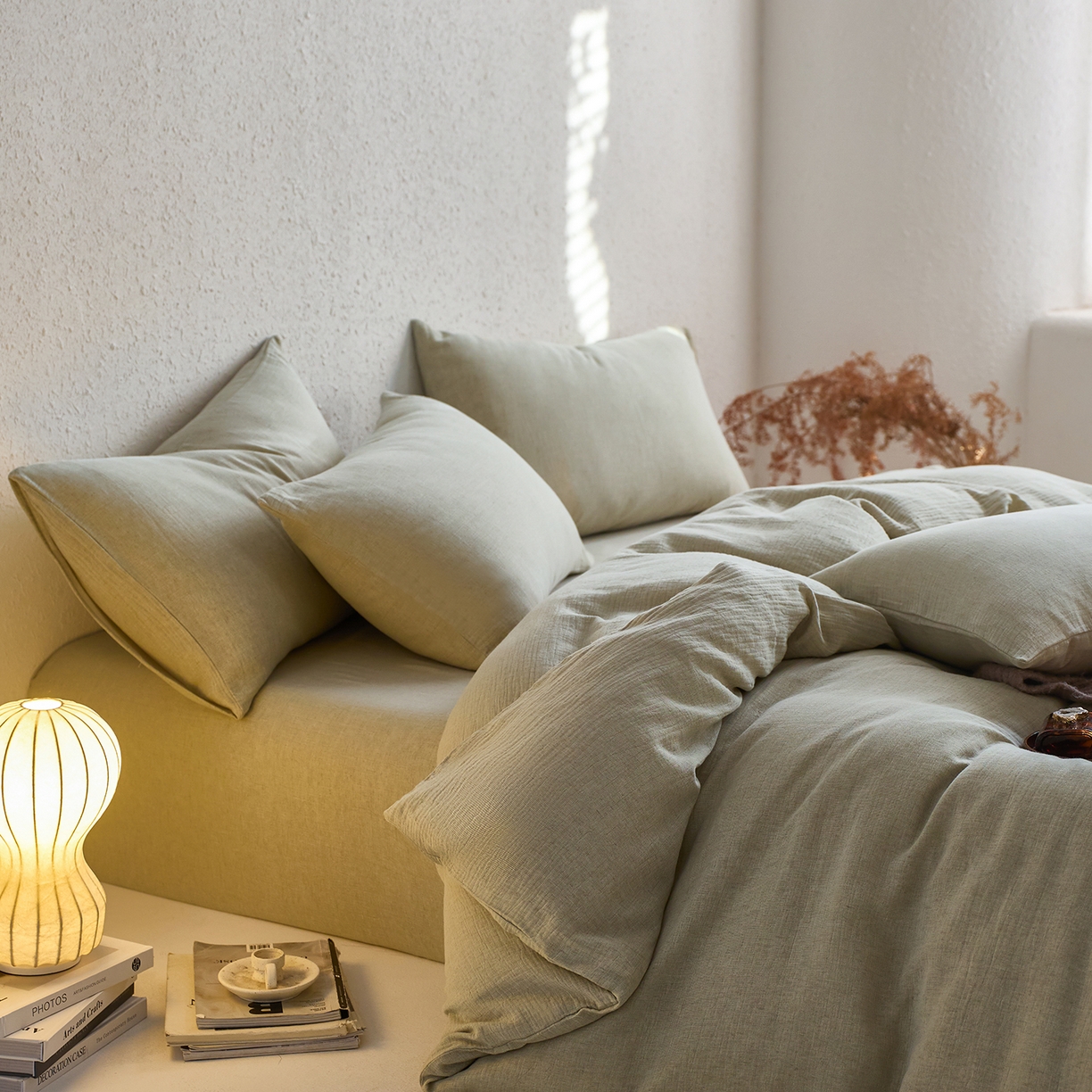 91家纺网 家纺一手货源 找家纺 梵克保罗 2025秋冬新品日系风素色全棉亚麻双层棉麻三件套四件套系列 微风沁绿