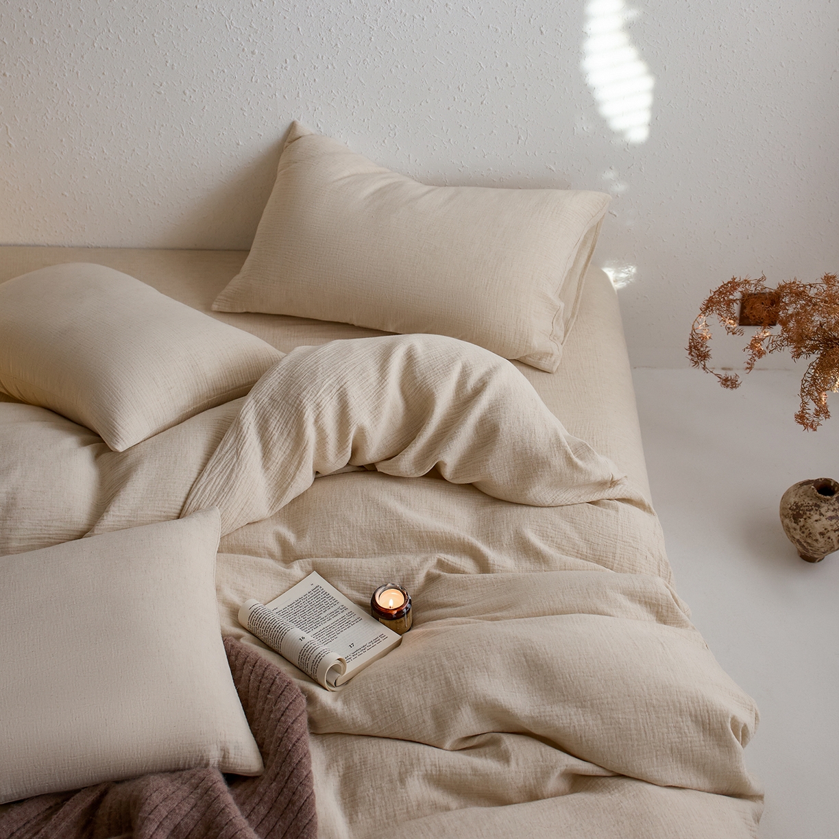 91家纺网 家纺一手货源 找家纺 梵克保罗 2025秋冬新品日系风素色全棉亚麻双层棉麻三件套四件套系列 咖啡知己（米）