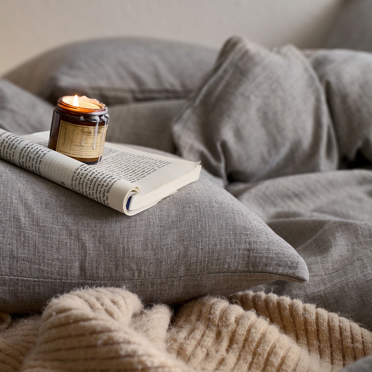 91家纺网 家纺一手货源 找家纺 梵克保罗 2025秋冬新品日系风素色全棉亚麻双层棉麻三件套四件套系列 耀月灰