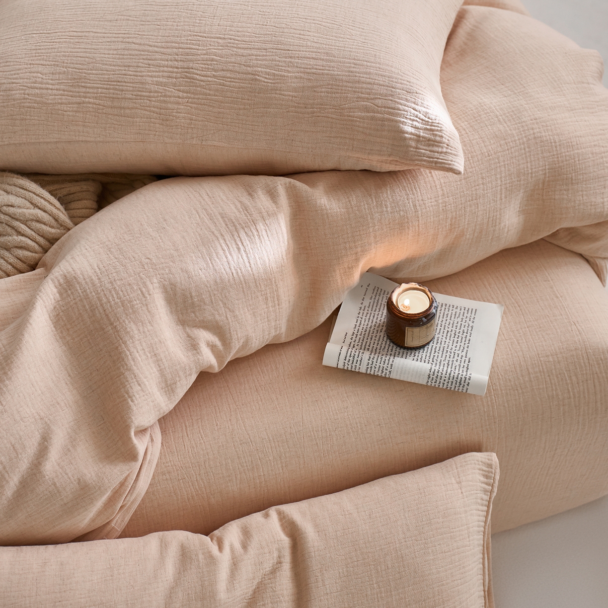 91家纺网 家纺一手货源 找家纺 梵克保罗 2025秋冬新品日系风素色全棉亚麻双层棉麻三件套四件套系列 藕荷粉