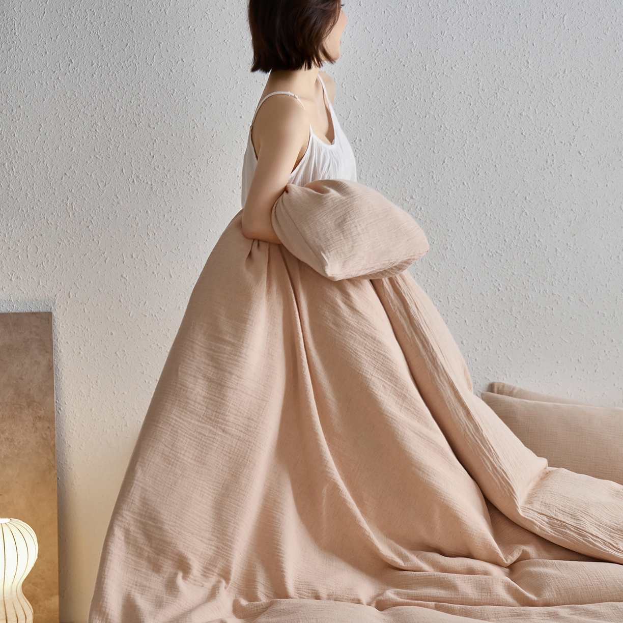 91家纺网 家纺一手货源 找家纺 梵克保罗 2025秋冬新品日系风素色全棉亚麻双层棉麻三件套四件套系列 藕荷粉