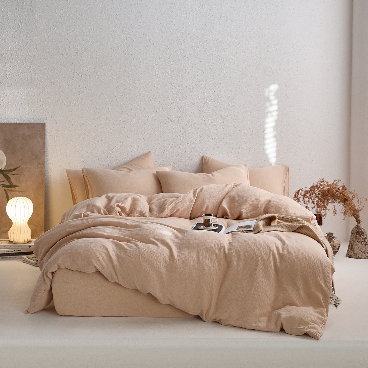 梵克保罗 2025秋冬新品日系风素色全棉亚麻双层棉麻三件套四件套系列 藕荷粉