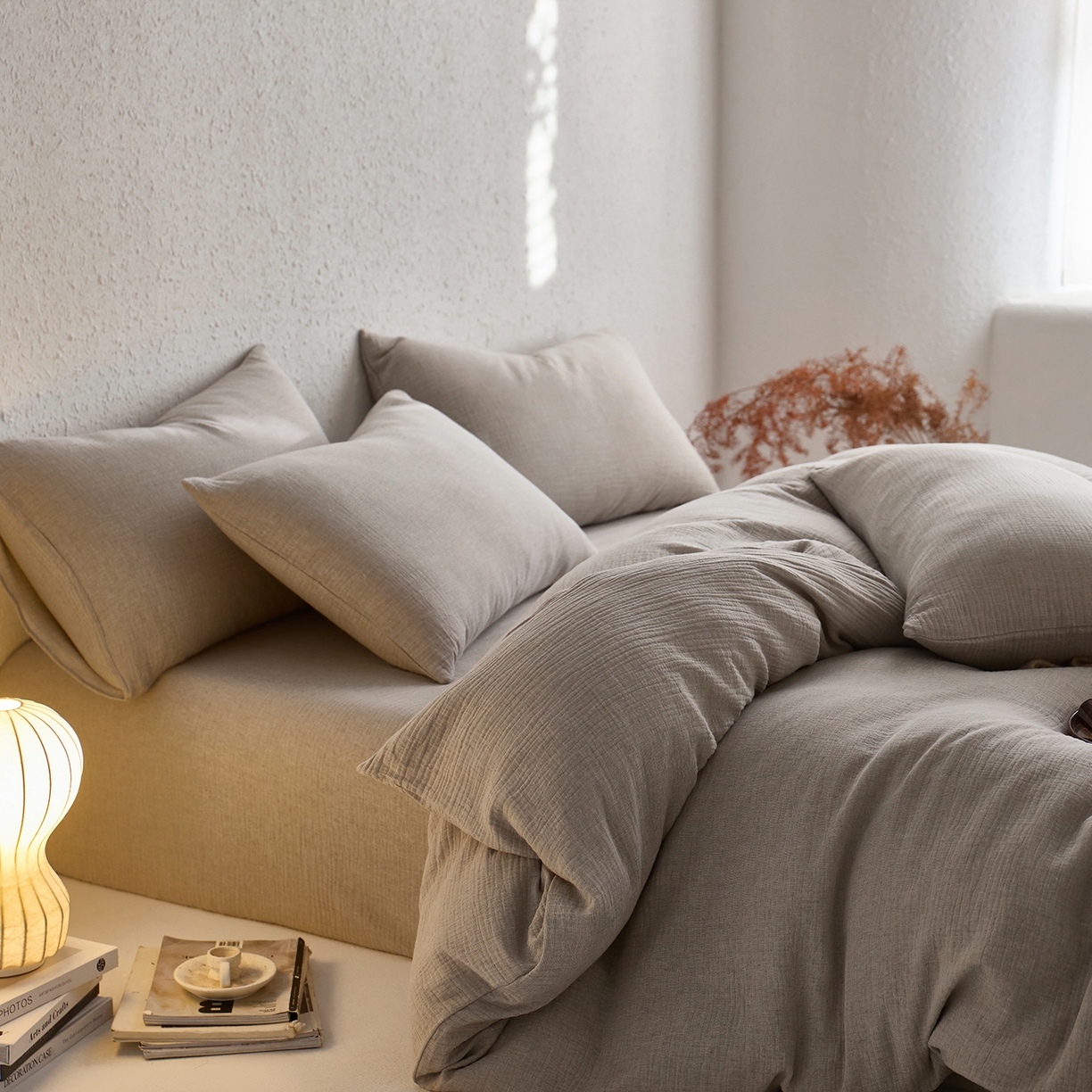 91家纺网 家纺一手货源 找家纺 梵克保罗 2025秋冬新品日系风素色全棉亚麻双层棉麻三件套四件套系列 时空灰