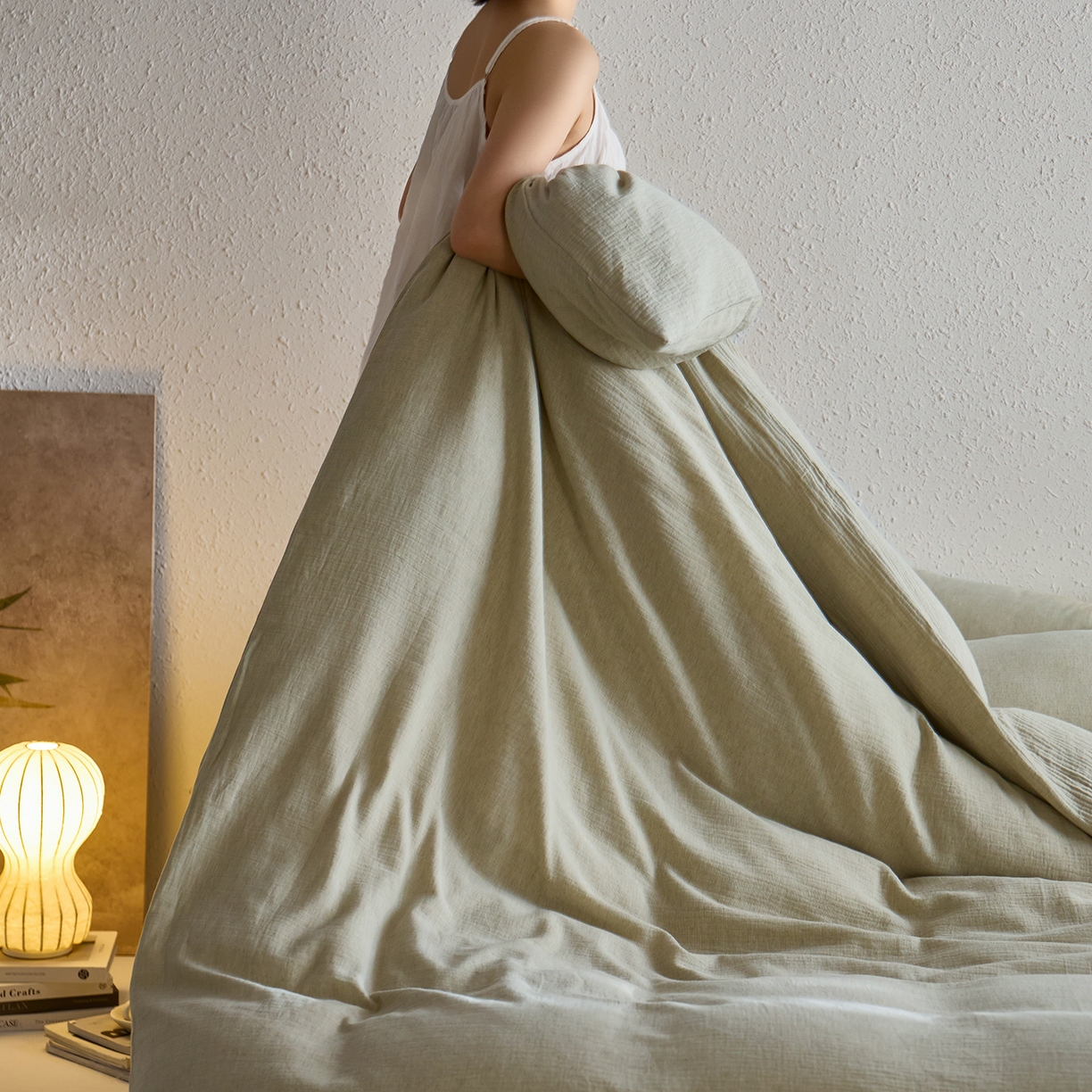 91家纺网 家纺一手货源 找家纺 梵克保罗 2025秋冬新品日系风素色全棉亚麻双层棉麻三件套四件套系列 微风沁绿