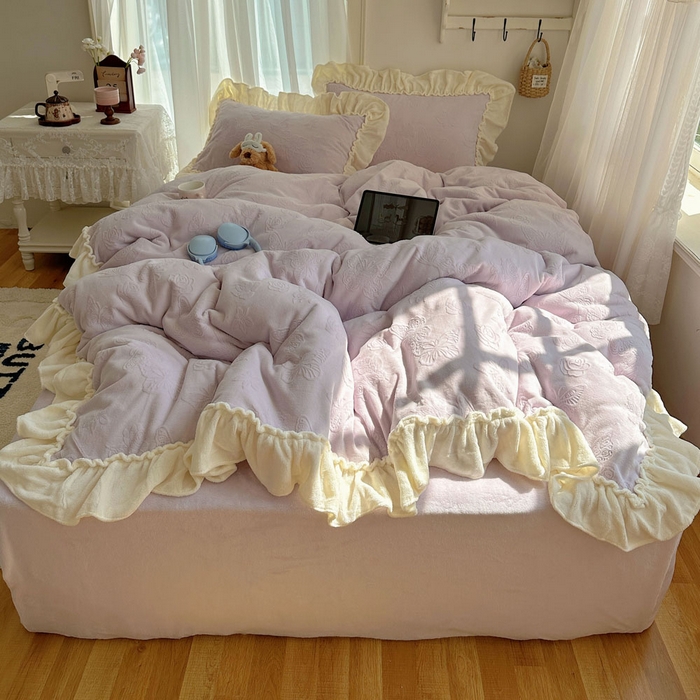 91家纺网 家纺一手货源 找家纺 六巷胡同 2025新款韩版花蝶仙踪A类全消光牛奶绒花边四件套 花蝶仙踪-少女紫