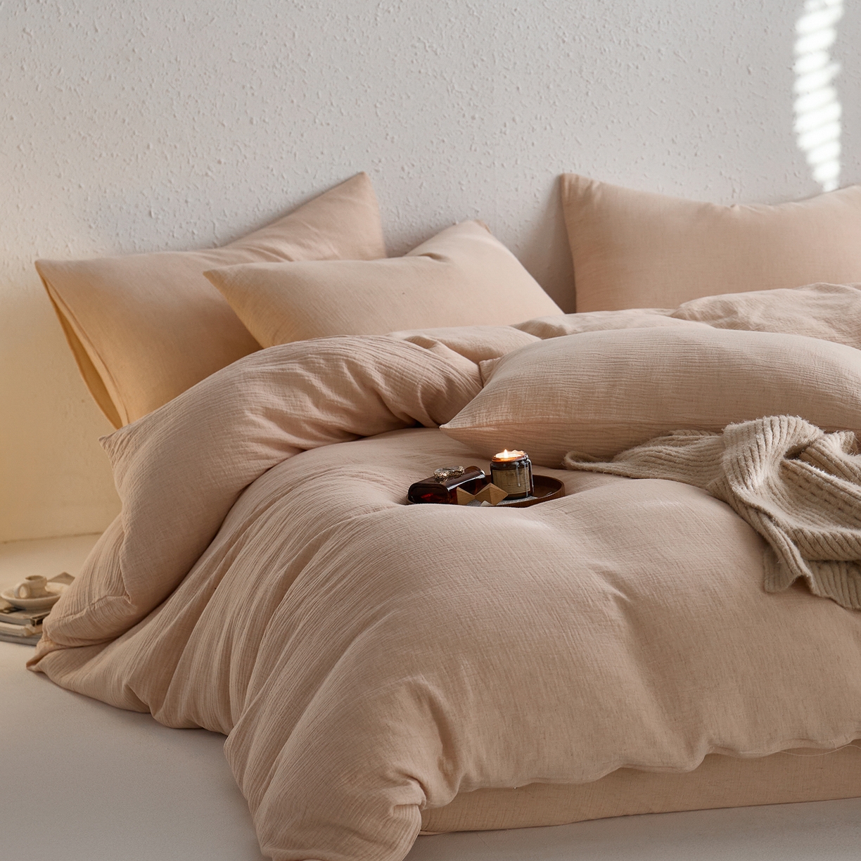 91家纺网 家纺一手货源 找家纺 梵克保罗 2025秋冬新品日系风素色全棉亚麻双层棉麻三件套四件套系列 藕荷粉