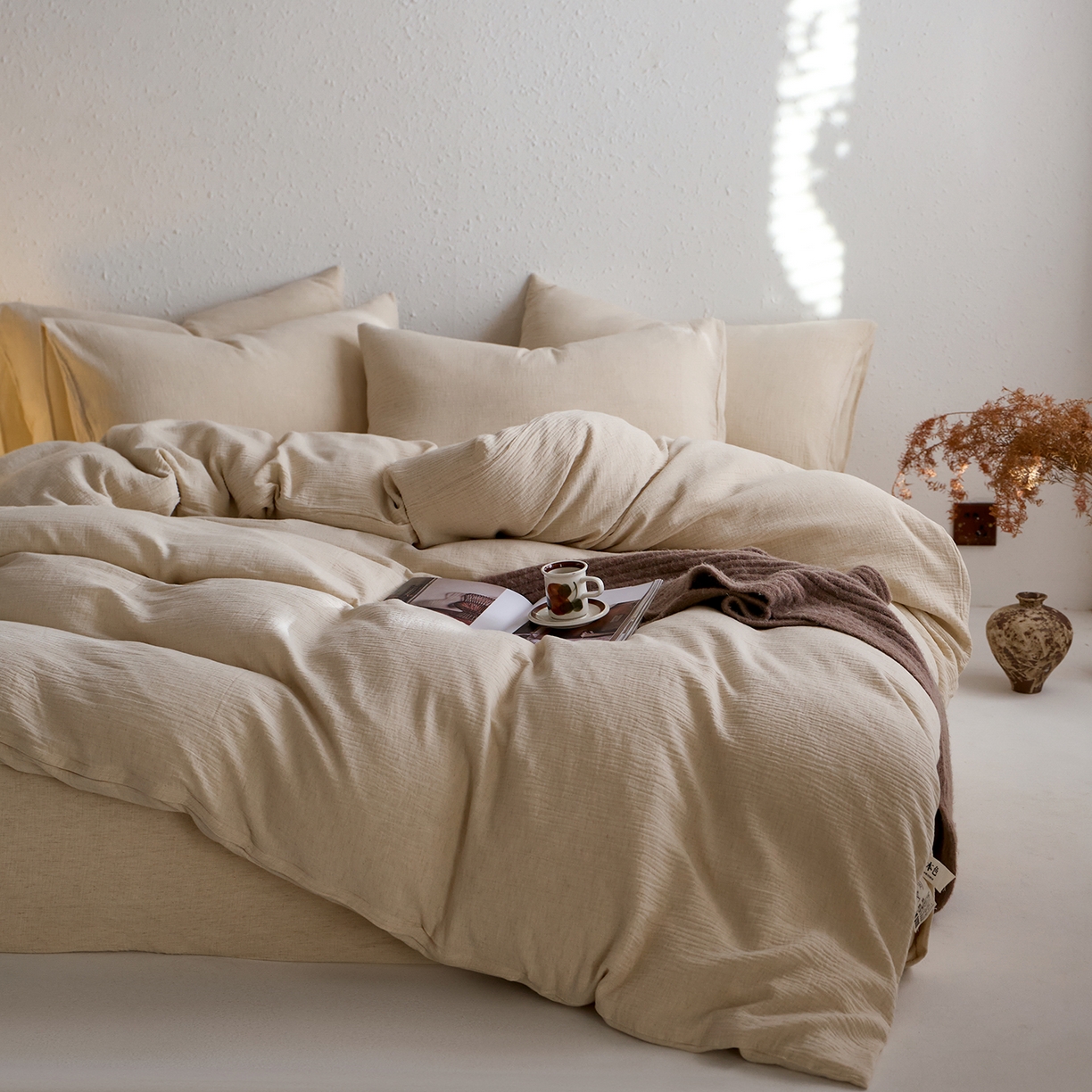 91家纺网 家纺一手货源 找家纺 （总）梵克保罗 2025秋冬新品日系风素色全棉亚麻双层棉麻三件套四件套系列