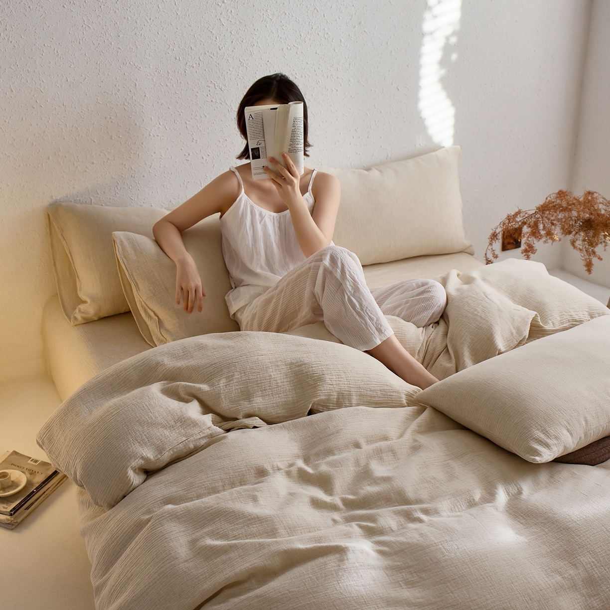 91家纺网 家纺一手货源 找家纺 （总）梵克保罗 2025秋冬新品日系风素色全棉亚麻双层棉麻三件套四件套系列