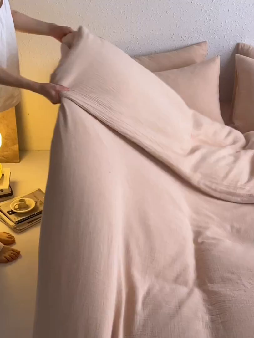 91家纺网 家纺一手货源 找家纺 梵克保罗 2025秋冬新品日系风素色全棉亚麻双层棉麻三件套四件套系列 藕荷粉