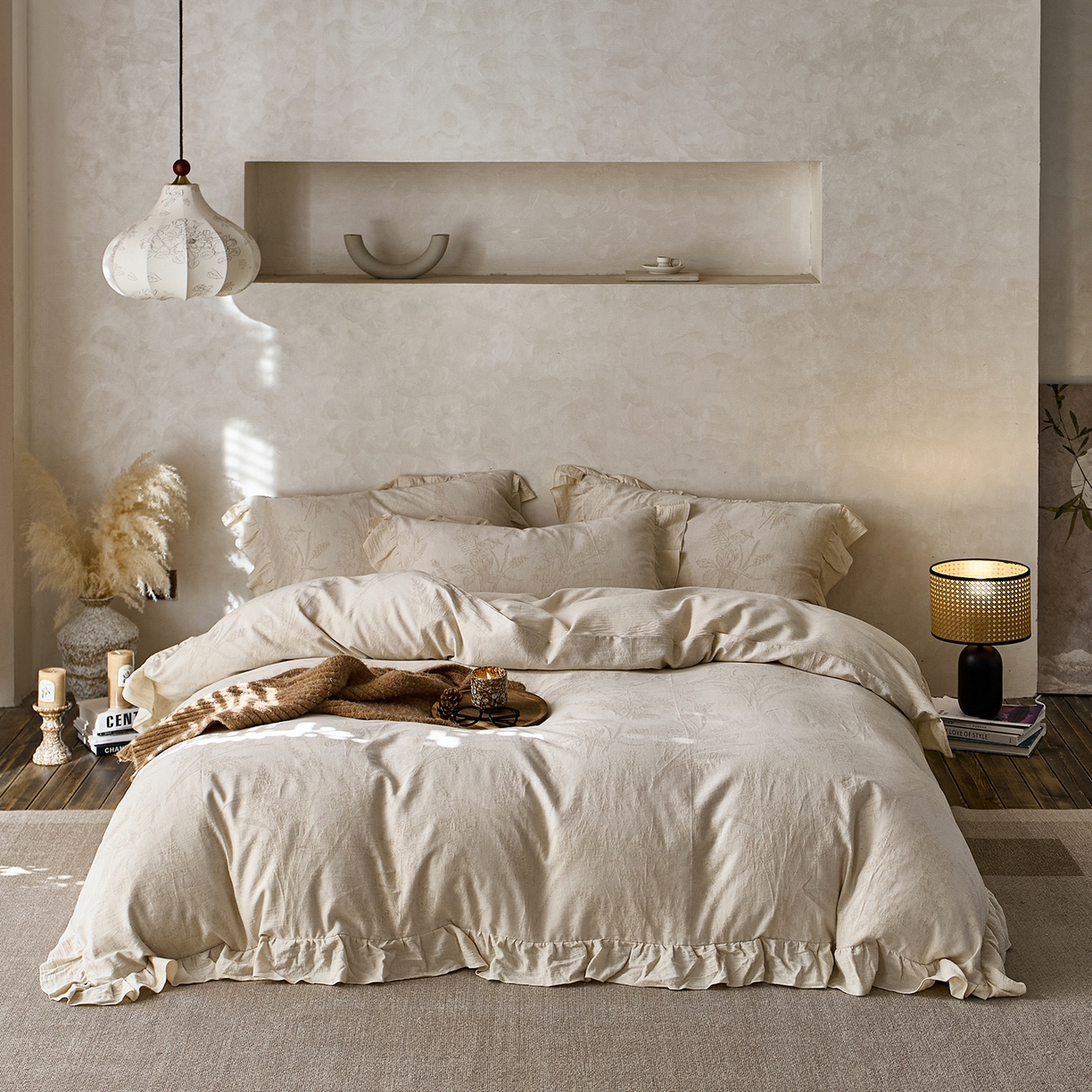 梵克保罗 2025秋冬新品全棉亚麻提花法式花边款棉麻四件套 芳枝入梦