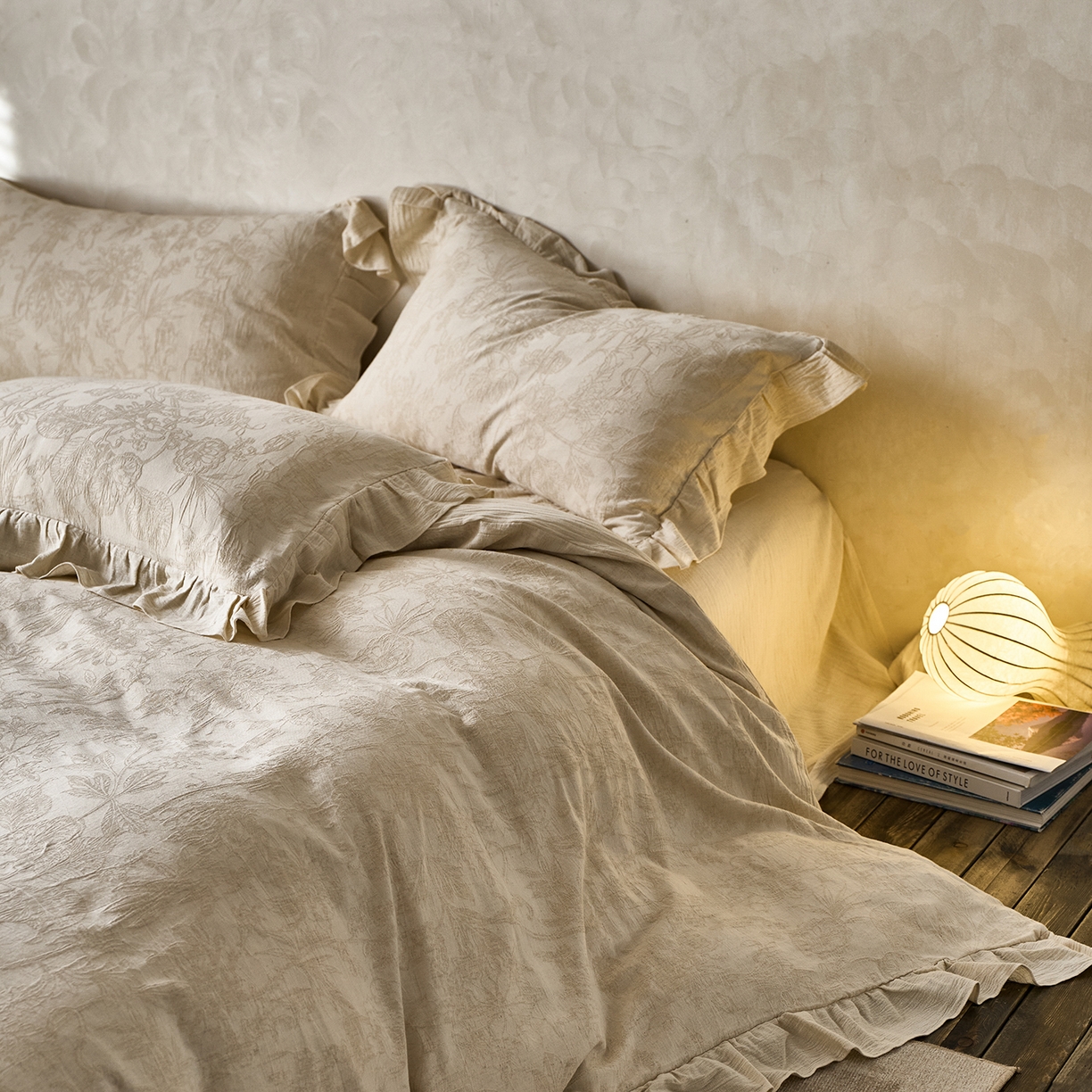 91家纺网 家纺一手货源 找家纺 梵克保罗 2025秋冬新品全棉亚麻提花法式花边款棉麻四件套 闵岭