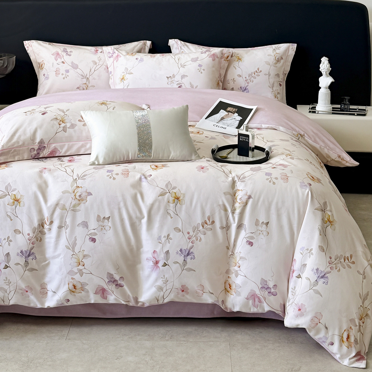 91家纺网 家纺一手货源 找家纺 梵克保罗 2025秋冬新款数码印花全棉磨毛单被套三件套四件套系列 美兮浅香-粉