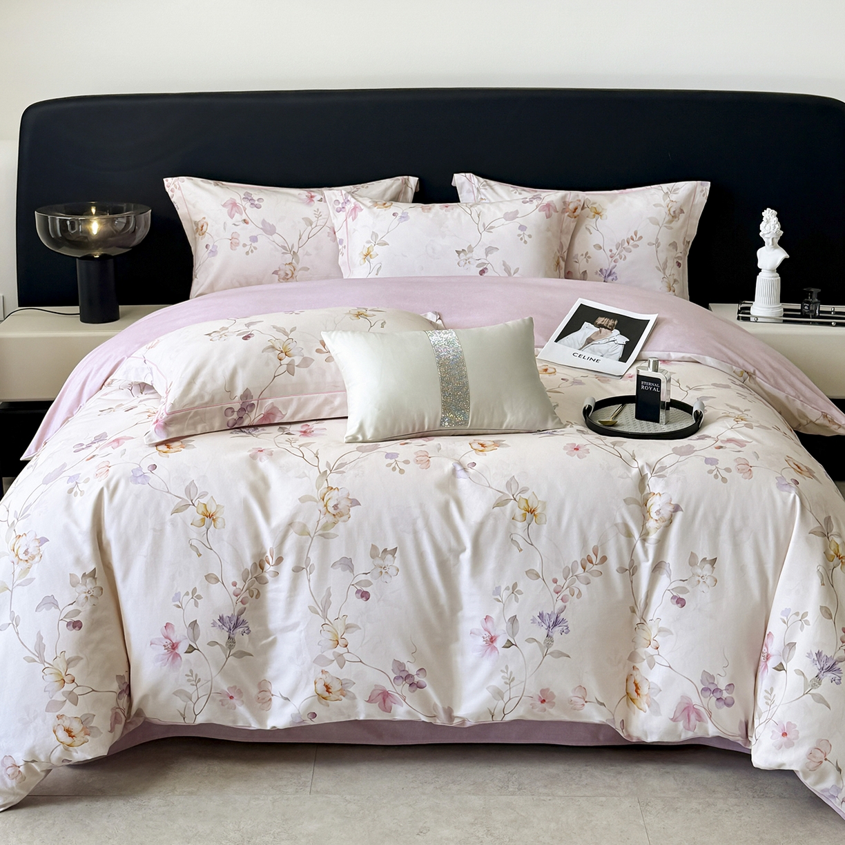 91家纺网 家纺一手货源 找家纺 梵克保罗 2025秋冬新款数码印花全棉磨毛单被套三件套四件套系列 美兮浅香-粉