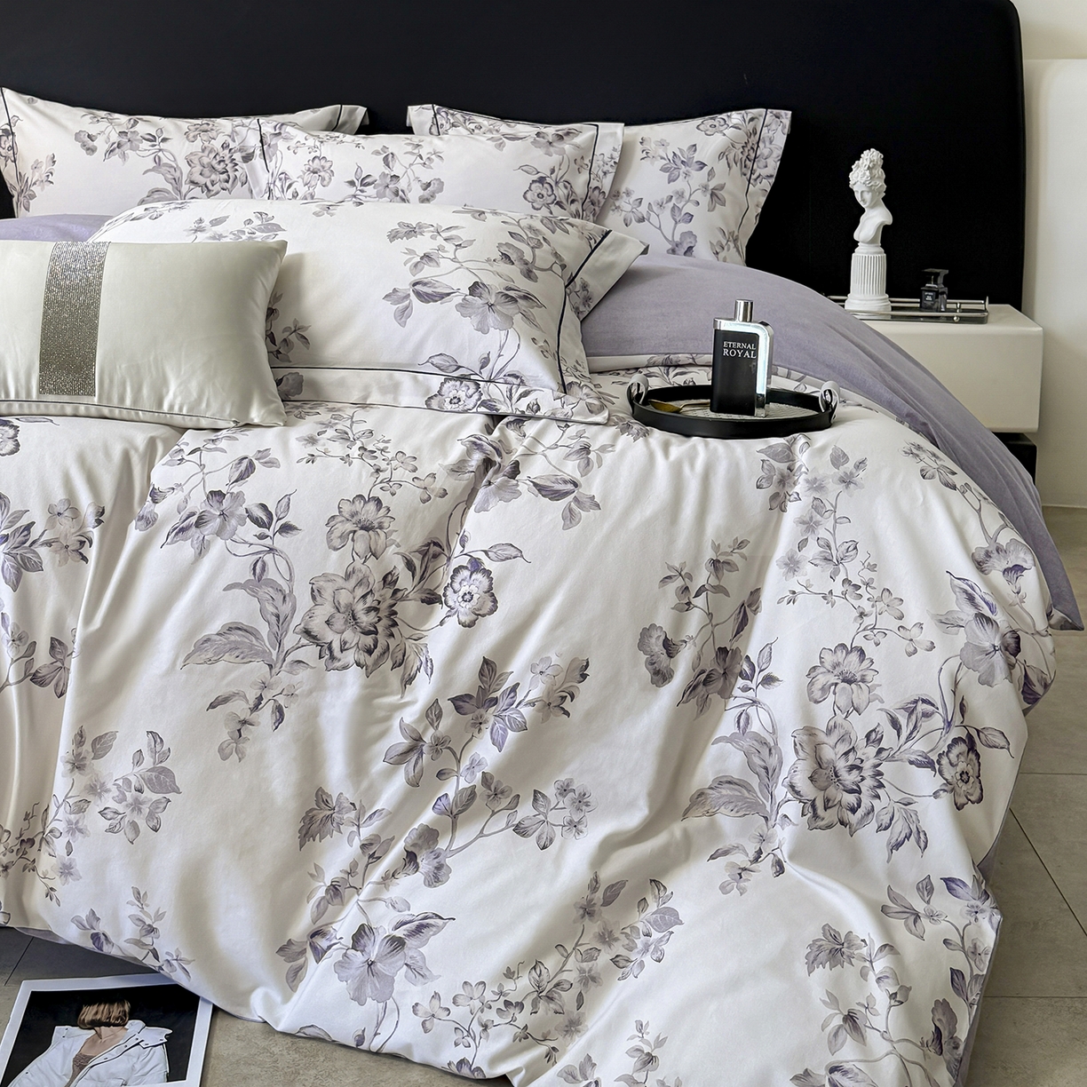 91家纺网 家纺一手货源 找家纺 梵克保罗 2025秋冬新款数码印花全棉磨毛单被套三件套四件套系列 薇宁-白