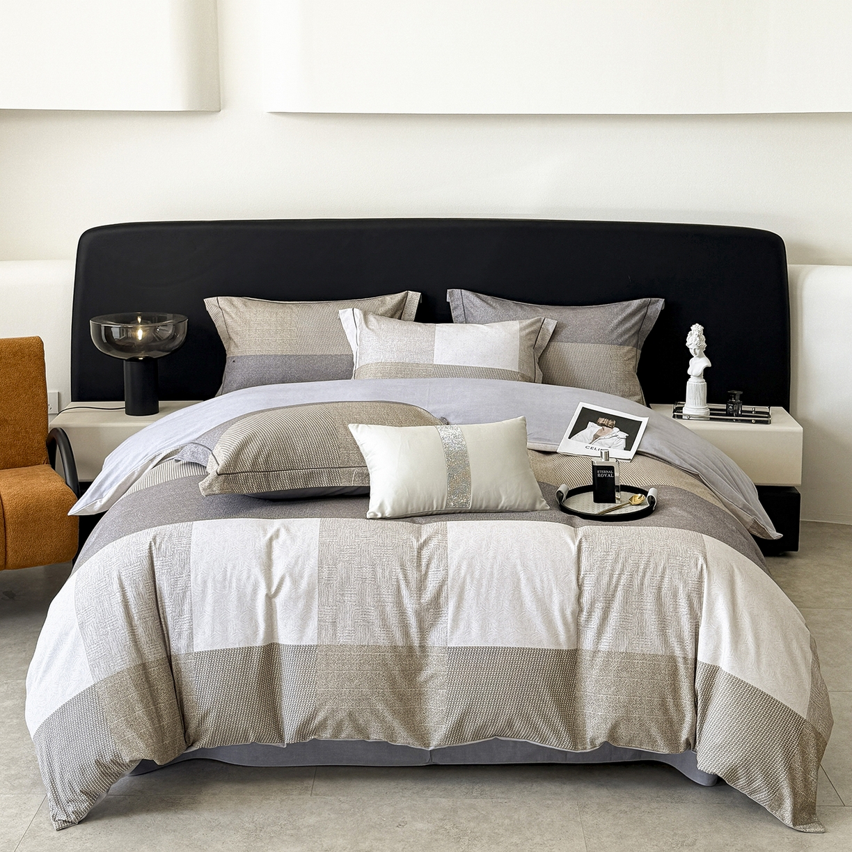 梵克保罗 2025秋冬新款数码印花全棉磨毛单被套三件套四件套系列 杰弗里-黄灰