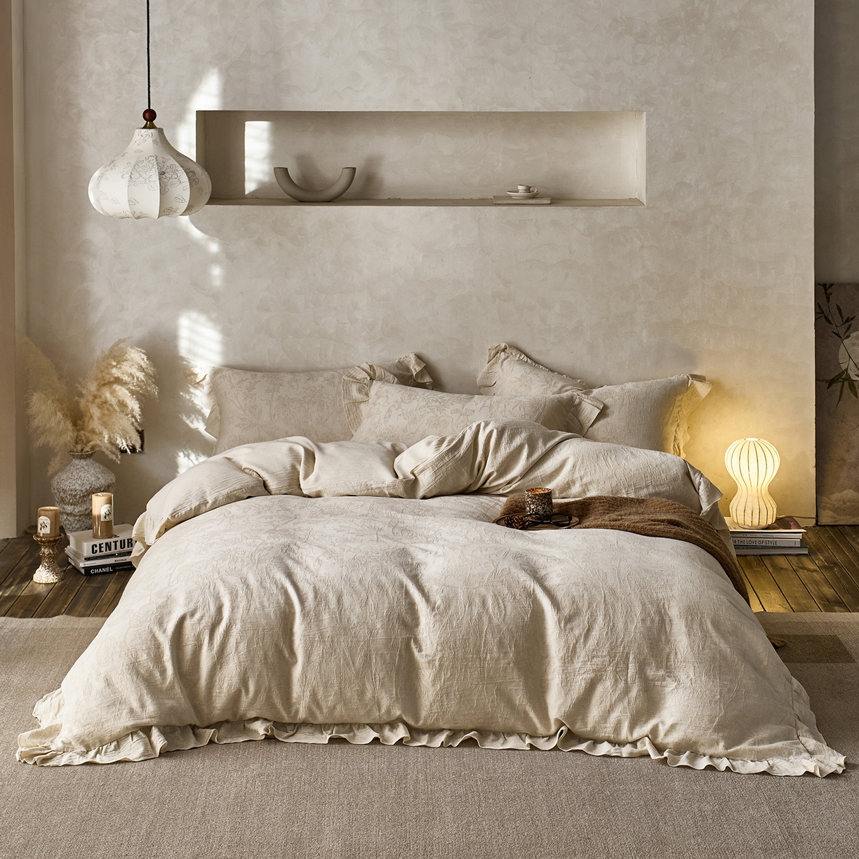 91家纺网 家纺一手货源 找家纺 （总）梵克保罗 2025秋冬新品全棉亚麻提花法式花边款棉麻四件套