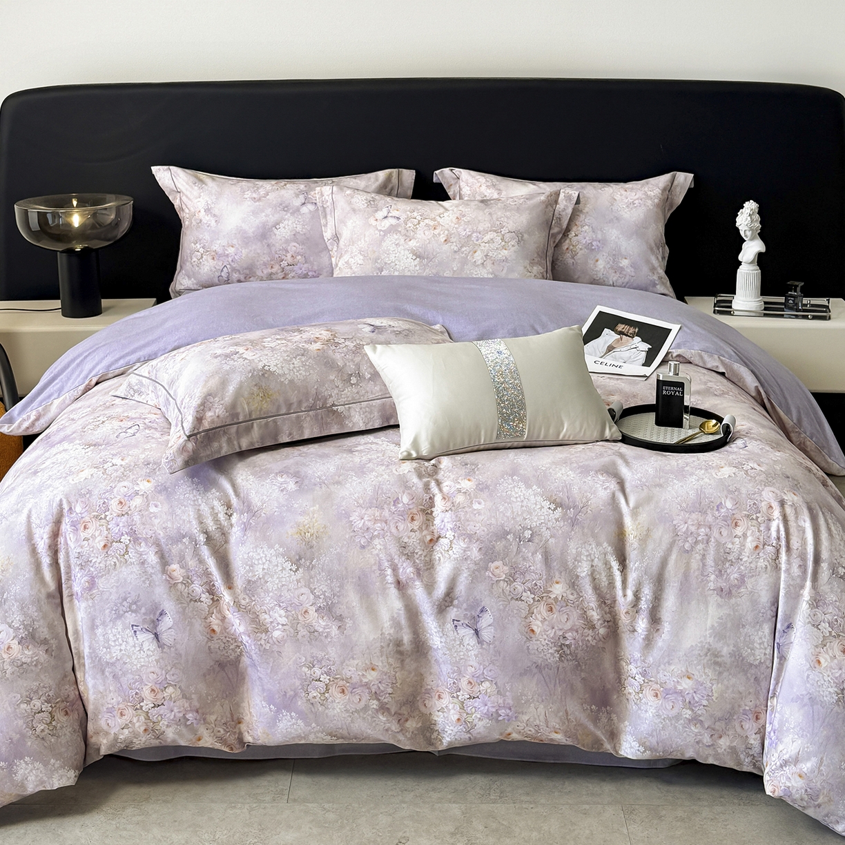 91家纺网 家纺一手货源 找家纺 梵克保罗 2025秋冬新款数码印花全棉磨毛单被套三件套四件套系列 雾野花蝶-紫