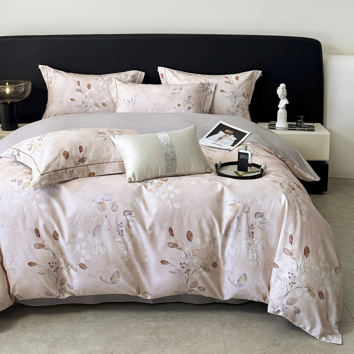 91家纺网 家纺一手货源 找家纺 梵克保罗 2025秋冬新款数码印花全棉磨毛单被套三件套四件套系列 叶漫-粉