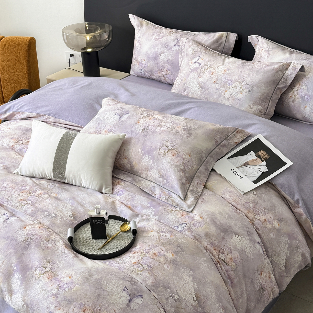 91家纺网 家纺一手货源 找家纺 梵克保罗 2025秋冬新款数码印花全棉磨毛单被套三件套四件套系列 雾野花蝶-紫