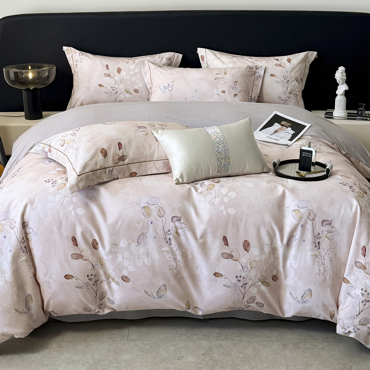 91家纺网 家纺一手货源 找家纺 梵克保罗 2025秋冬新款数码印花全棉磨毛单被套三件套四件套系列 叶漫-粉