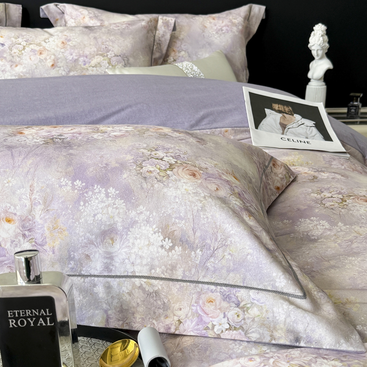 91家纺网 家纺一手货源 找家纺 梵克保罗 2025秋冬新款数码印花全棉磨毛单被套三件套四件套系列 雾野花蝶-紫