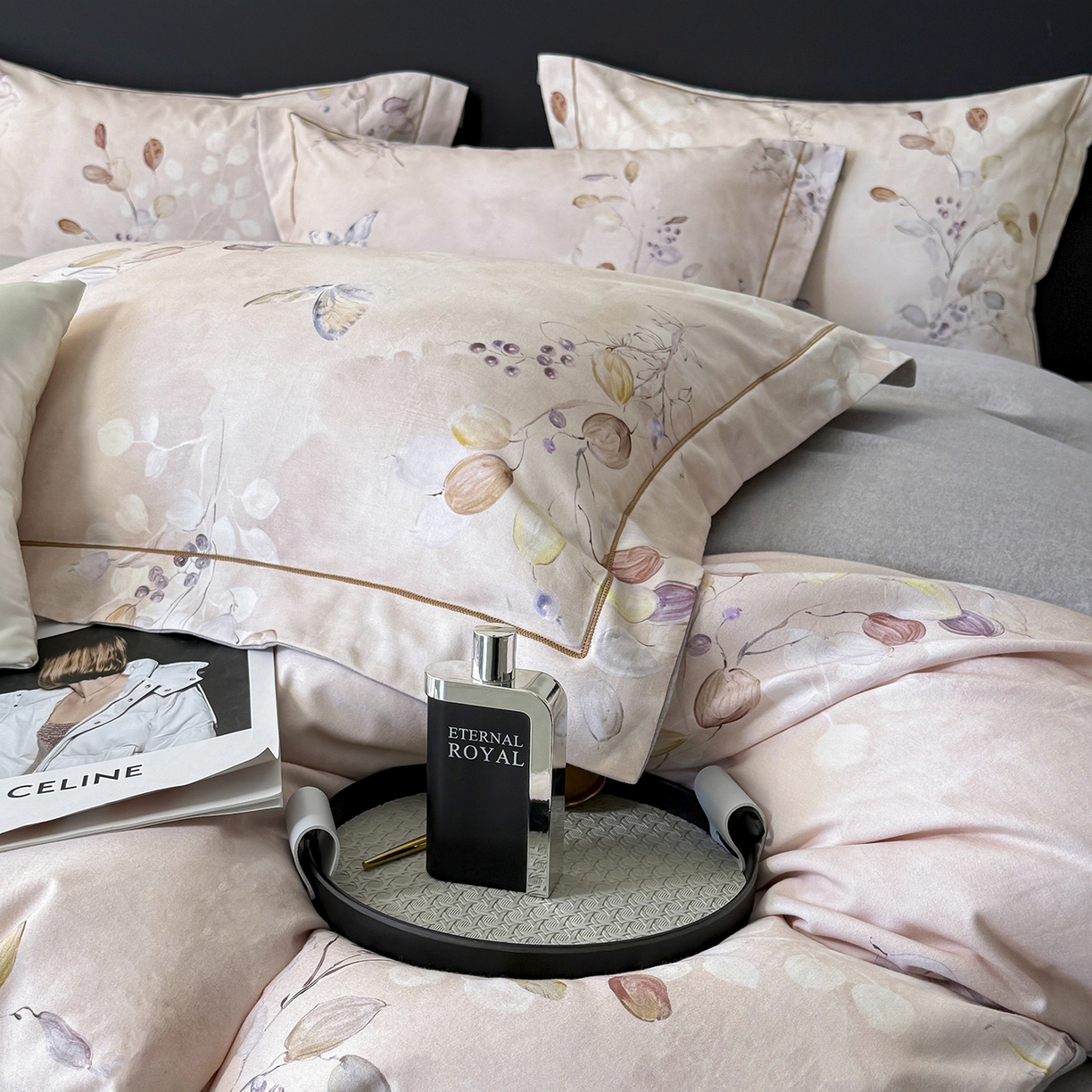 91家纺网 家纺一手货源 找家纺 梵克保罗 2025秋冬新款数码印花全棉磨毛单被套三件套四件套系列 叶漫-粉