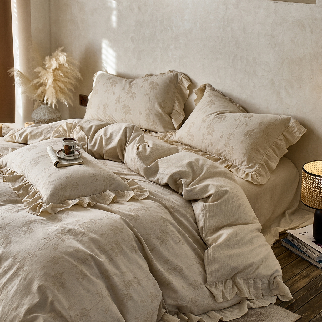 91家纺网 家纺一手货源 找家纺 梵克保罗 2025秋冬新品全棉亚麻提花法式花边款棉麻四件套 锦时