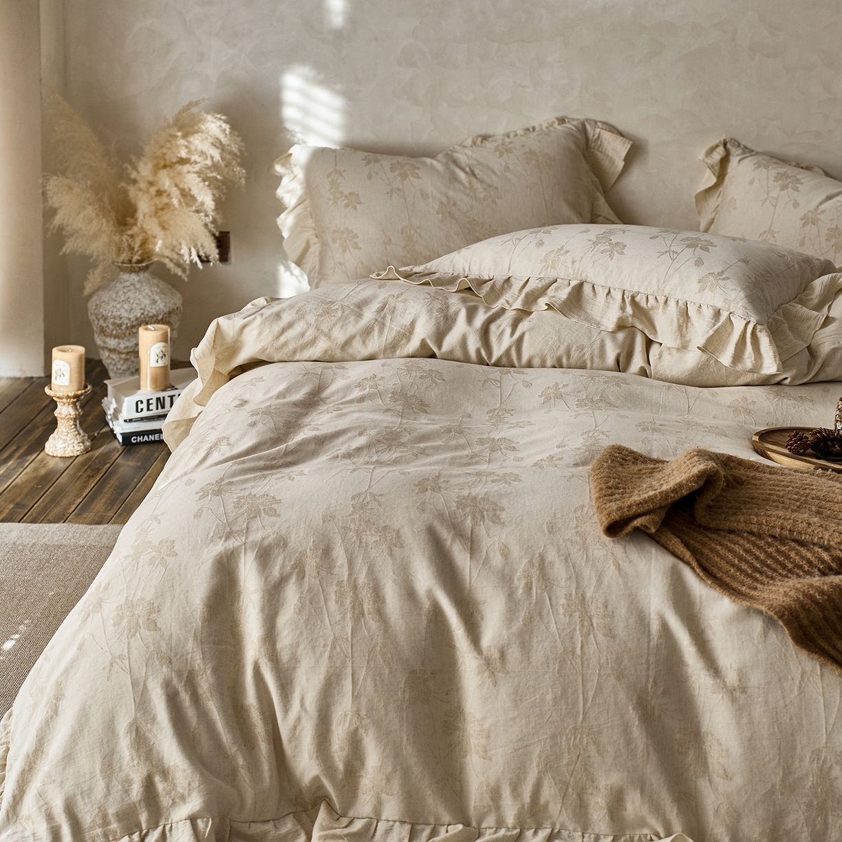 91家纺网 家纺一手货源 找家纺 梵克保罗 2025秋冬新品全棉亚麻提花法式花边款棉麻四件套 锦时