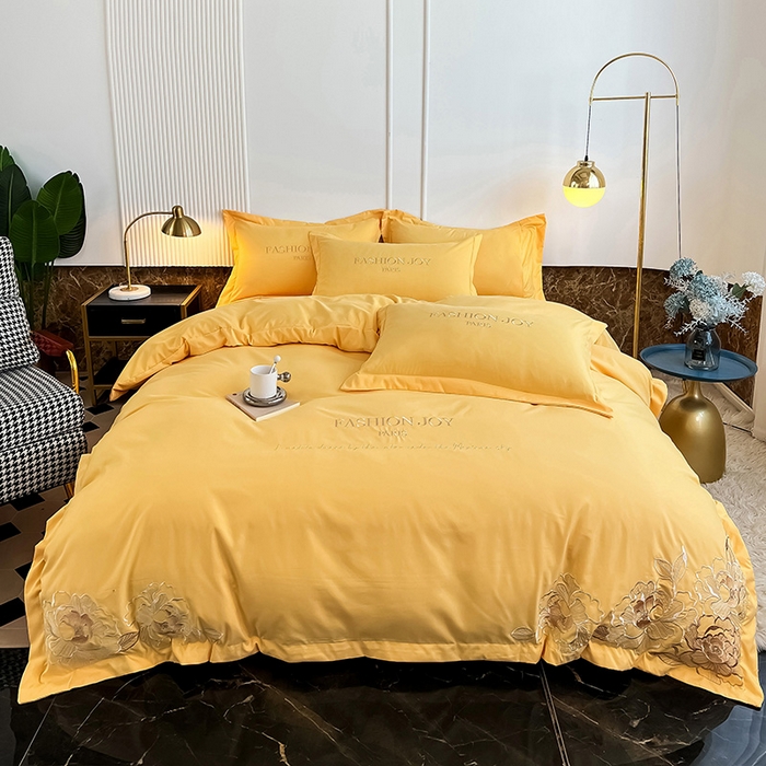 91家纺网 家纺一手货源 找家纺 梵克保罗 2025秋冬新款直播热卖长绒棉刺绣花边四件套-繁星系列 繁星-柠檬黄