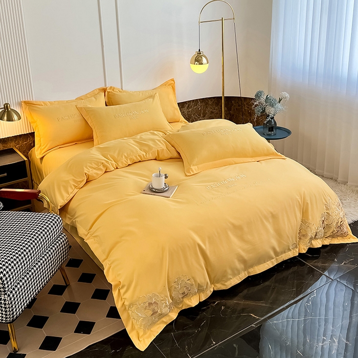 91家纺网 家纺一手货源 找家纺 梵克保罗 2025秋冬新款直播热卖长绒棉刺绣花边四件套-繁星系列 繁星-柠檬黄