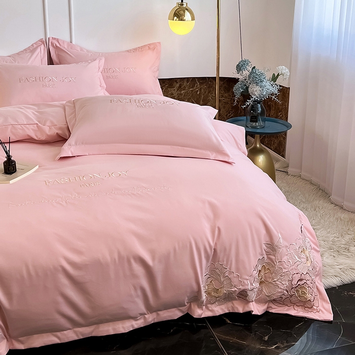 91家纺网 家纺一手货源 找家纺 梵克保罗 2025秋冬新款直播热卖长绒棉刺绣花边四件套-繁星系列 繁星-玫瑰粉