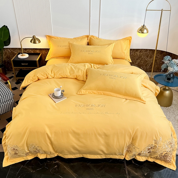 91家纺网 家纺一手货源 找家纺 梵克保罗 2025秋冬新款直播热卖长绒棉刺绣花边四件套-繁星系列 繁星-柠檬黄