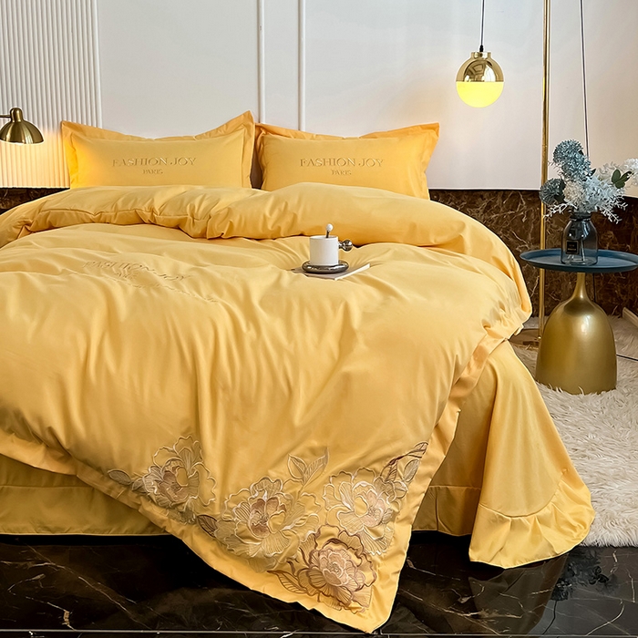 91家纺网 家纺一手货源 找家纺 梵克保罗 2025秋冬新款直播热卖长绒棉刺绣花边四件套-繁星系列 繁星-柠檬黄