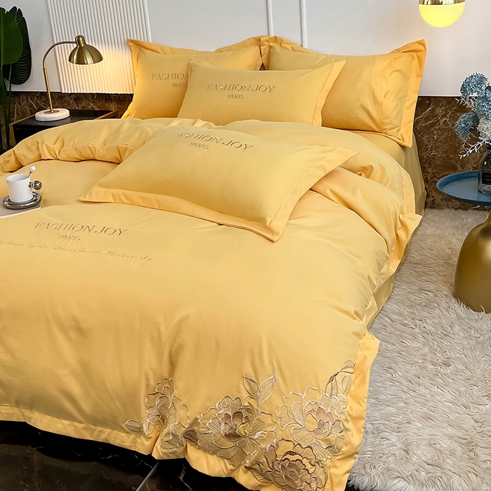 91家纺网 家纺一手货源 找家纺 梵克保罗 2025秋冬新款直播热卖长绒棉刺绣花边四件套-繁星系列 繁星-柠檬黄